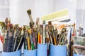 Various brushes in the artist workshop await the creation of the next masterpiece