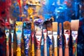 Various brushes with paints on colorful background