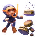 Various burgers sink in the water as hungry cartoon snorkel diver looks on, 3d illustration