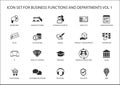 Various business functions and business department icons like sales, marketing, HR, R&D, purchasing, accounting