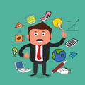 Various business infographic elements and young man. Royalty Free Stock Photo