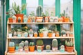 various cacti arranged on greenhouse shelving