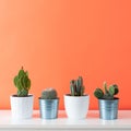 various cactus plants in different pots. Potted cactus house plants on white shelf against coral orange colored wall.