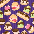 Various cake, eclair and profiterole vector seamless pattern in flat cartoons style.