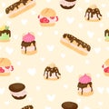 Various cake, eclair and profiterole vector seamless pattern in flat cartoons style. Cute colorful dessert with chocolate, berry