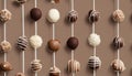 Various cake pops decorated with white and dark chocolate on a brown background