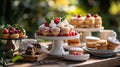 Various Cakes and Cupcakes Garnished with Raspberries on Cake Stands in Warm Sunlight Royalty Free Stock Photo