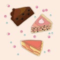 Various cakes on pink background. Pieces of pie with different fillings Royalty Free Stock Photo