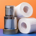 Various cans of canned food and rolls of toilet paper on the table. Concept on the topic of food poisoning Royalty Free Stock Photo