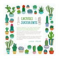 Vector cactuses and succulents square frame. Royalty Free Stock Photo