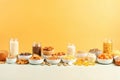 Various of cereals in bowl and glass bottle for breakfast on the table, quick food for kids in the morning