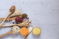 Various cereals in wooden spoons