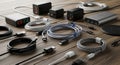 Various charging cables and adapters arranged Royalty Free Stock Photo