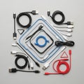 Various charging cables are neatly arranged on a gray surface Royalty Free Stock Photo