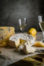 Various cheese including brie and stillton, wine in glasses, quince fruit. Low key still life Royalty Free Stock Photo