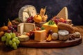 various cheese types arranged artfully on a wooden board