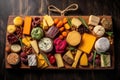 various cheese types arranged artfully on a wooden board