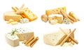 Various cheese types with breadsticks, herbs, and bread pieces, isolated on white background, concept of gourmet dairy snacks Royalty Free Stock Photo