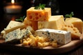 Various cheese types elegantly displayed on wooden table