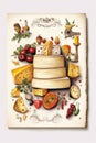 Various cheeses as illustration on paper in vintage style, Generative AI