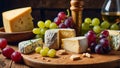 Various cheeses, fresh grapes, wine appetizer lunch different in the kitchen italian delicatessen Royalty Free Stock Photo