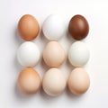 Various chicken egg color. Different shade of eggs, isolated on white background