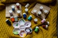 Various children`s paint pots with mixing tray. Family fun activity to keep kids busy whilst staying at home. Royalty Free Stock Photo