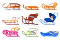 Various children s sledges collection vector flat illustration. Snow wooden plastic metallic sledge