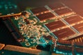 various chips, digital boards. Components of technical devices in creative lighting. Processor, RAM and other parts Royalty Free Stock Photo