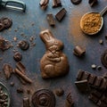 Various chocolate pieces with a chocolate bunny in the middle.