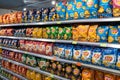 Various choice flavoured of lay\'s potato chips for sale in grocery store. Minsk, Belarus, 2023