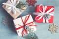 Various Christmas boxes of gifts festively decorated On a blue background Royalty Free Stock Photo