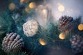 Various Christmas decorations, pine cones and green fir branches. Christmas time background. Royalty Free Stock Photo