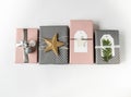 Various Christmas gift boxes. Collection of Christmas gift boxes and decoration on white background. Gift Wrapping Decor Ideas. Royalty Free Stock Photo