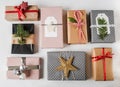 Various Christmas gift boxes. Collection of Christmas or new year gift boxes and decoration on white background. Gift Wrapping Royalty Free Stock Photo