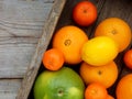 Various citrus fruits in a wooden box: tangerines, oranges, sweetie, lemon. View from above