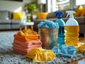 Various cleaning tools items and supplies for washing apartments standing on the living room floor. Royalty Free Stock Photo