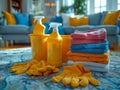 Various cleaning tools items and supplies for washing apartments standing on the living room floor. Royalty Free Stock Photo