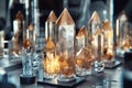Beautiful shiny crystals arranged on a table with glowing light reflections Royalty Free Stock Photo