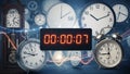 Various clocks and timepieces are arranged against a dynamic background Royalty Free Stock Photo