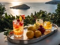 Various cocktails, sea view, sunset juice glasses fruit berries citrus restaurant ice