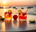 Various cocktails, sea view, sunset juice glasses fruit berries citrus mint