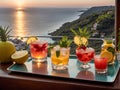 Various cocktails, sea view, sunset juice glasses fruit berries citrus restaurant menu