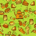 Various coffee,cake,cupcake,Sandwich,cookie , appetizer and beverage seamless pattern sketch drawing line orange tone Themes and