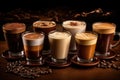 Various coffee drinks sit atop a table, ready to be savored and enjoyed, Various coffee and chocolate drinks on a brown background