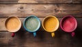 Various coffee mugs arranged on a rustic wooden table top view of a cozy morning coffee scene