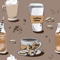 Various coffees, seamless pattern. Vector illustration on brown background