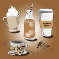 Various coffees. Vector illustration on brown background