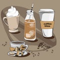 Various coffees. Vector illustration on brown background