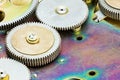 Various cog wheels gears on metal background closeup view Royalty Free Stock Photo